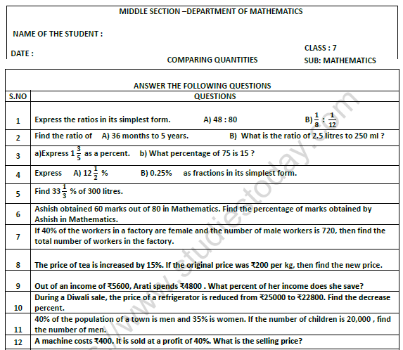 CBSE Class 7 Mathematics Comparing Quantities Worksheet