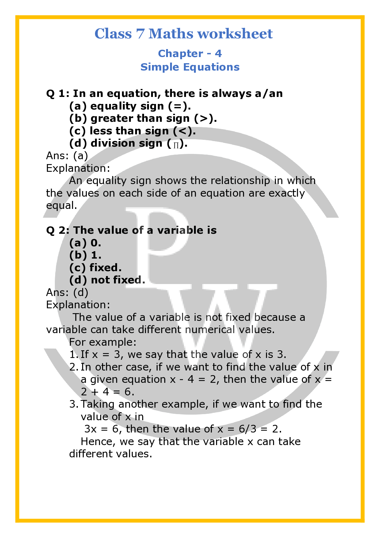 CBSE Class 7 Maths Worksheet For Simple Equations PW