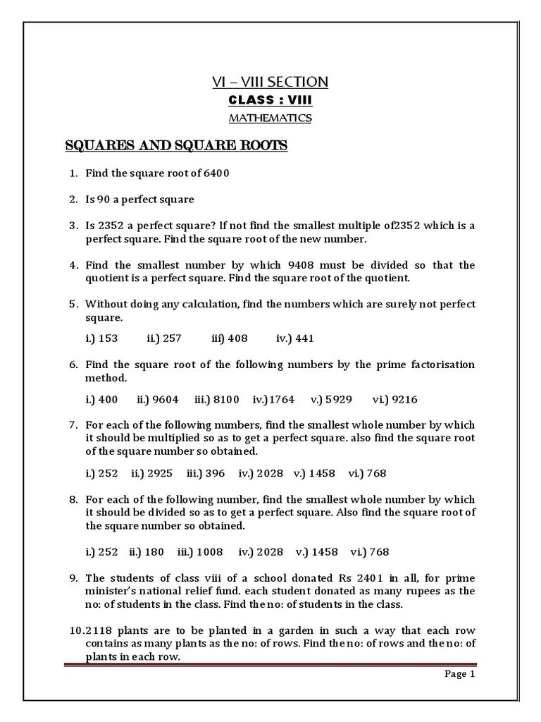 CBSE Class 8 Mathematics Worksheet Square And Square Roots 