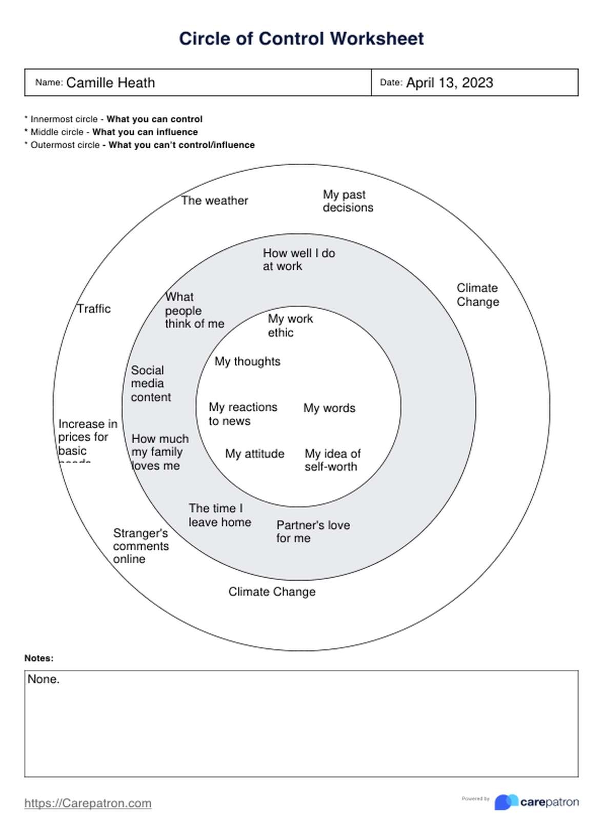 Circle Of Control Worksheet Example Free PDF Download