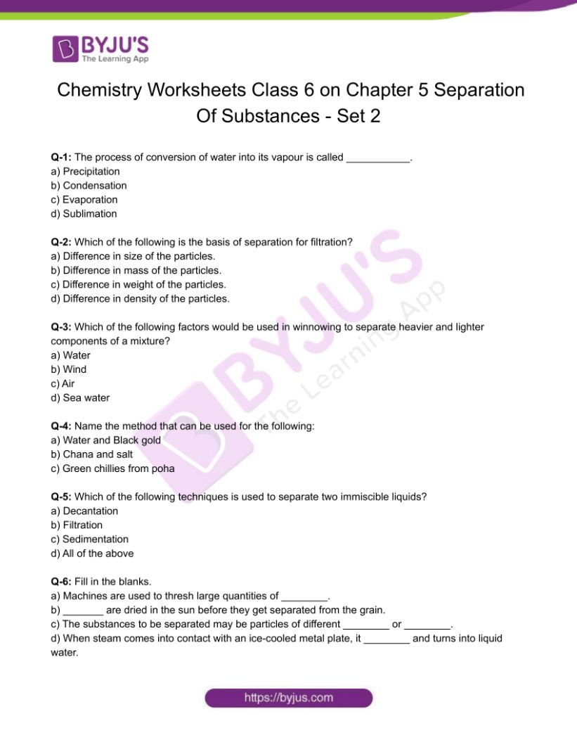Class 6 Chemistry Worksheet On Chapter 5 Separation Of Substances Set 2