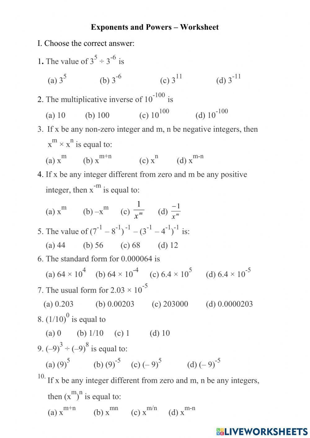 Class 8 Exponents And Powers Worksheet Worksheets Library