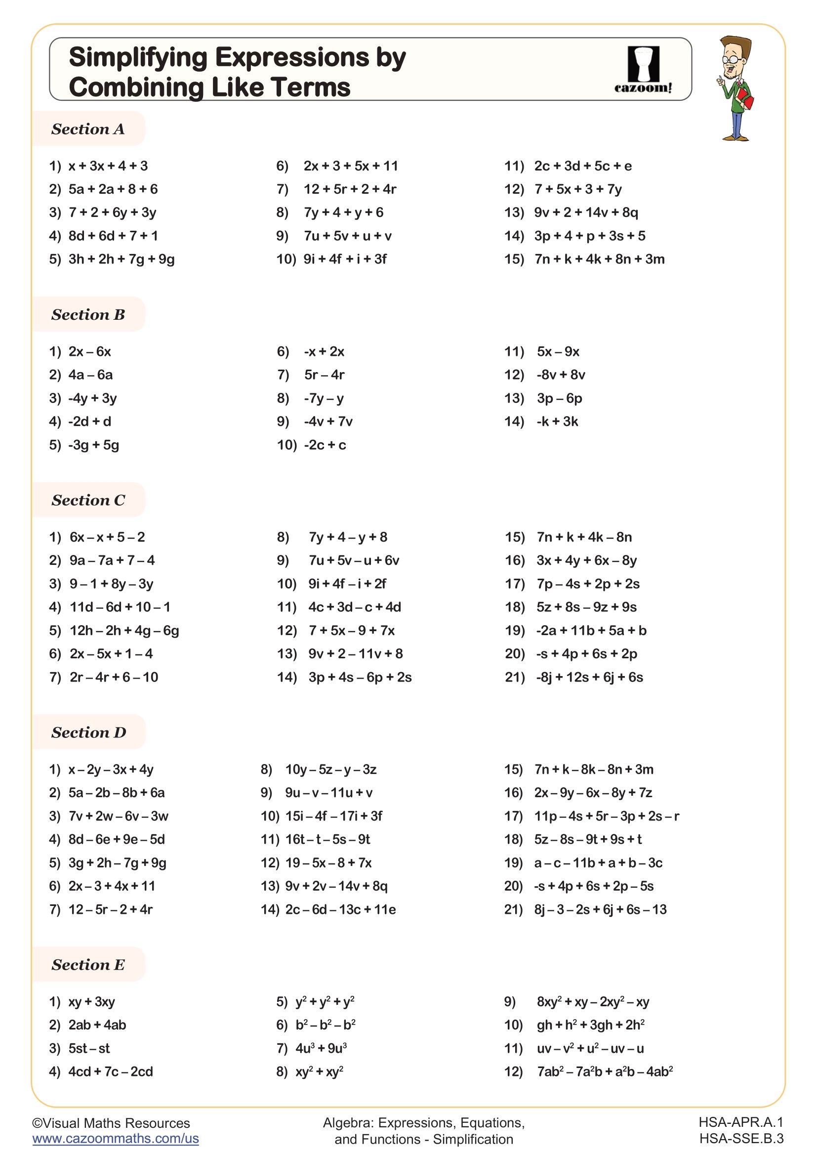 Combining Like Terms Worksheets printable Online Answers Examples