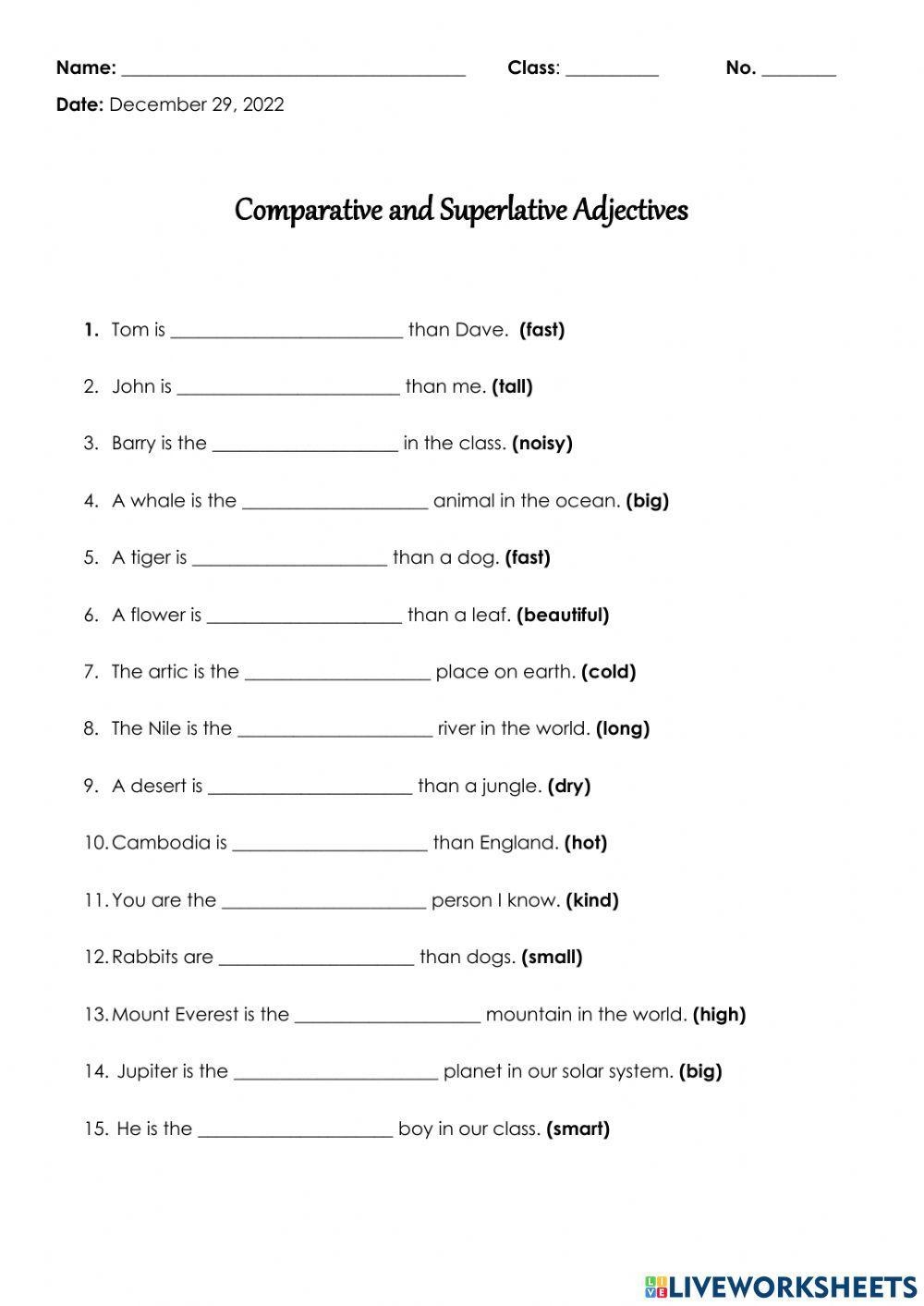 Comparative And Superlative Worksheet Free Printable PDF For Children 