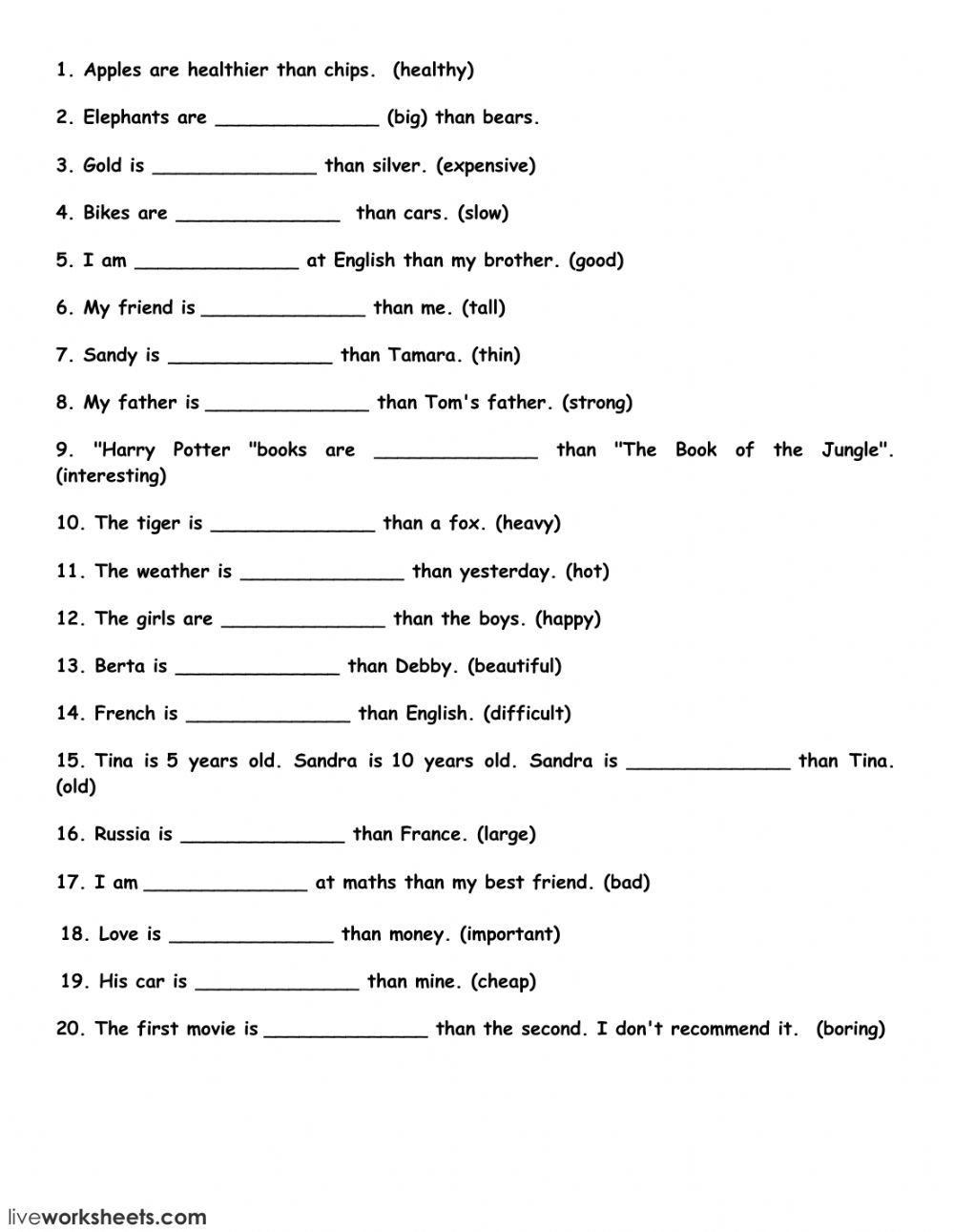 Comparative Superlative Worksheet