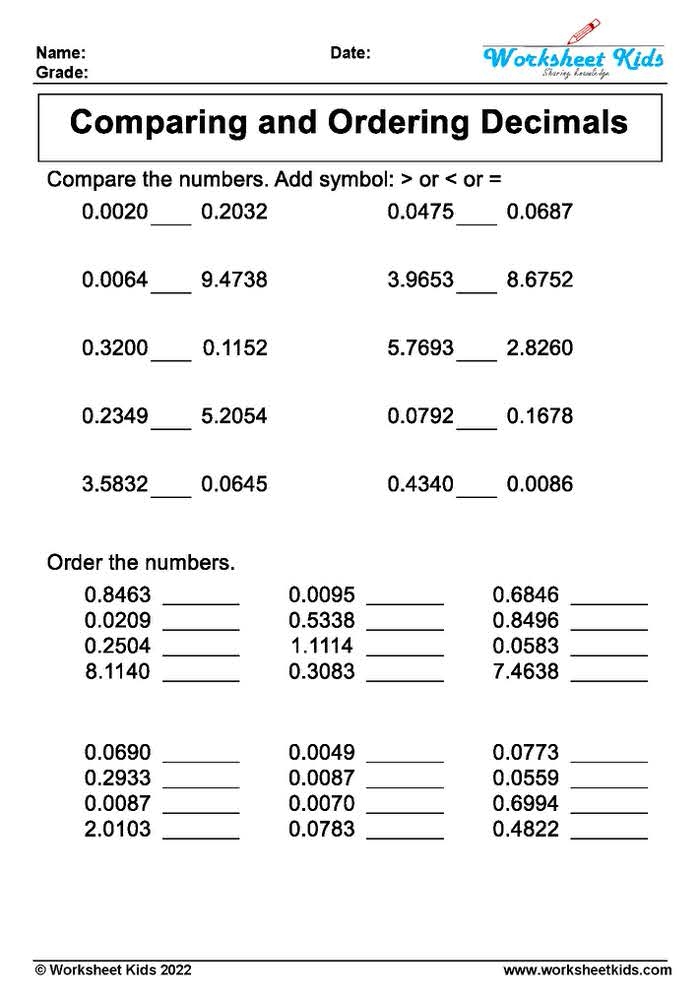 Comparing And Ordering Decimal Worksheets For Grade 4 5 Worksheets 