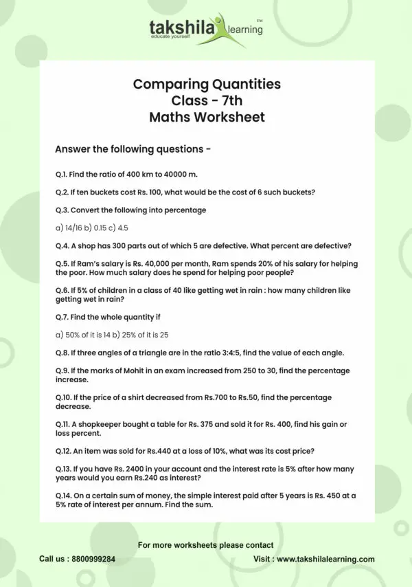 Comparing Quantities Class 7 Worksheet Worksheet For Class 7 Maths 