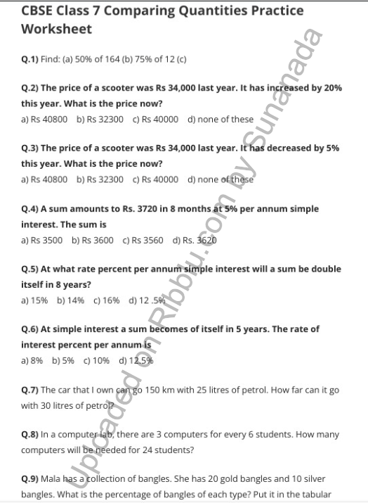 Comparing Quantities Worksheet For Class 7 Maths Chapter 8 Simple 