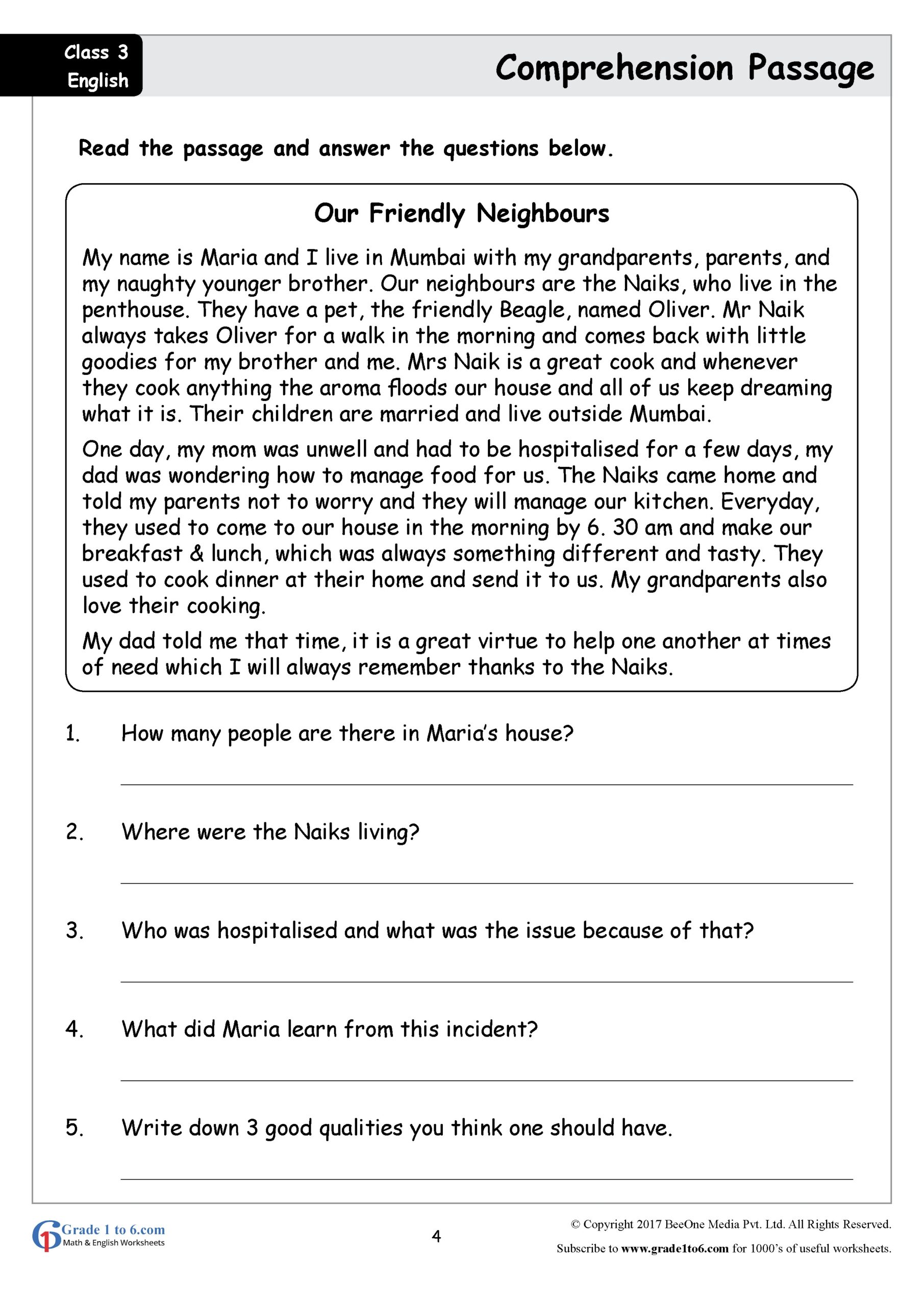 Comprehension Passages For Class 4 Worksheet Resume Examples Porn Sex 