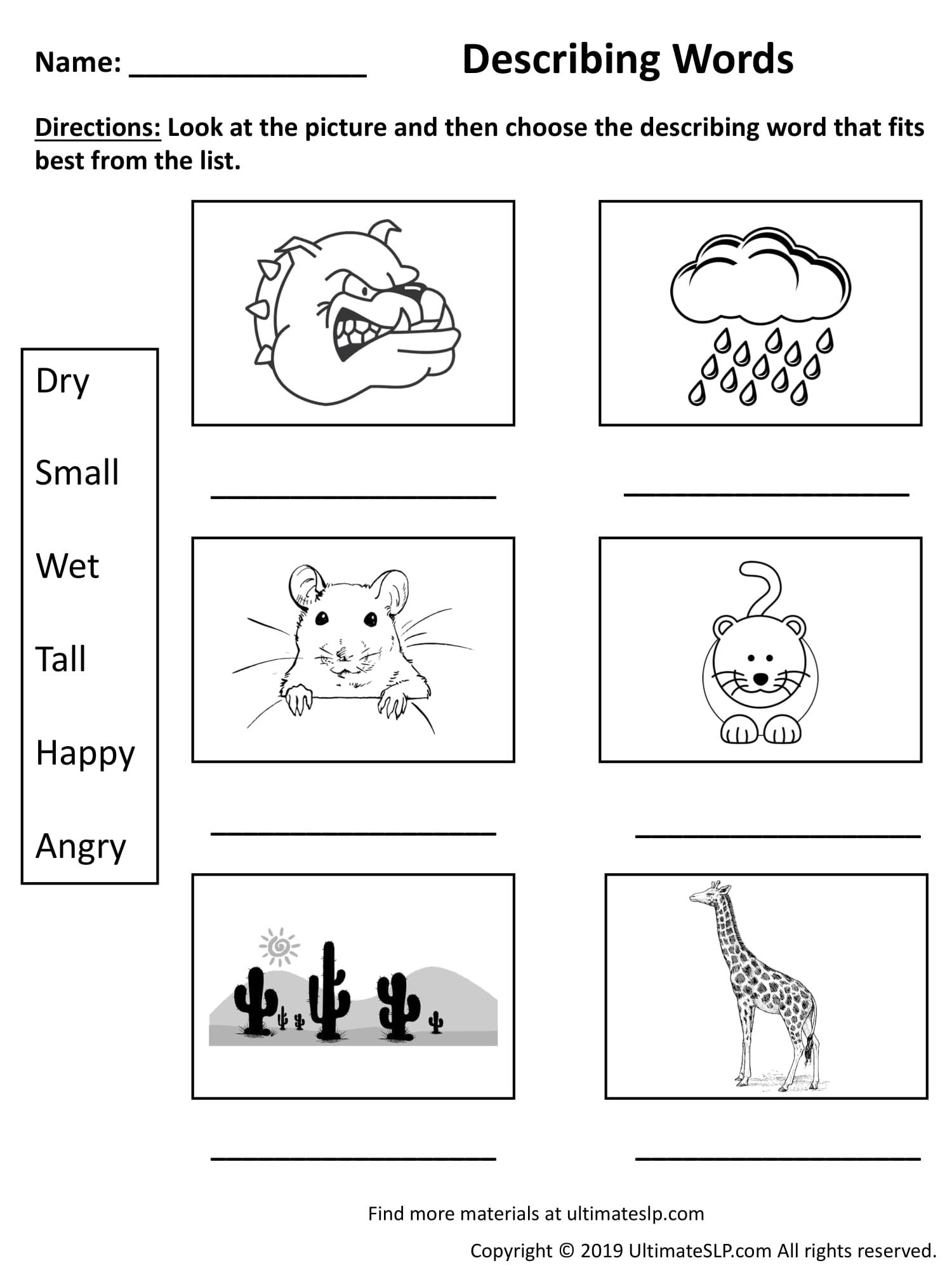 Describing Words Worksheet Ultimate SLP