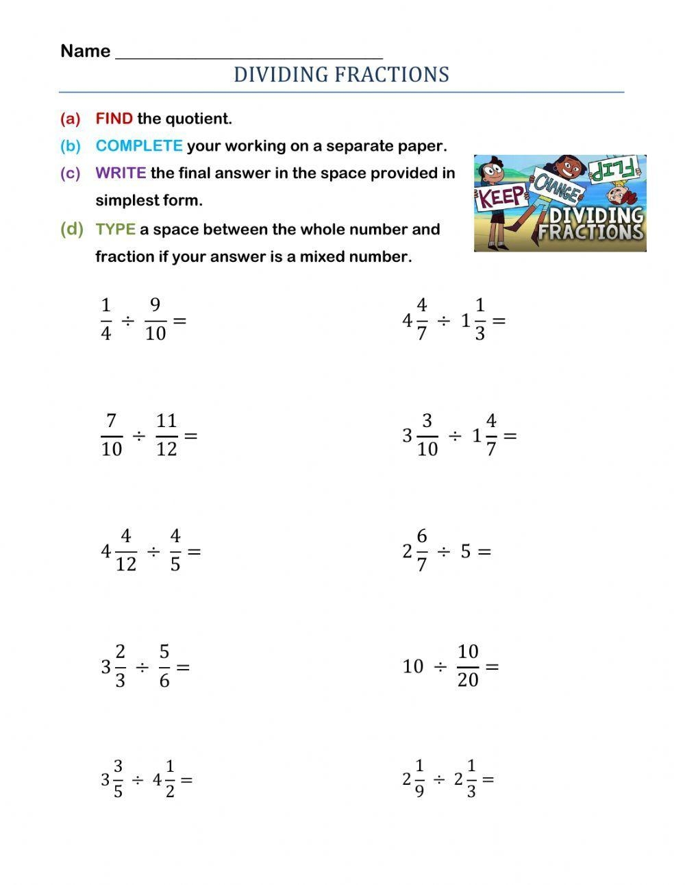 Dividing Fractions Online Exercise Live Worksheets Worksheets Library