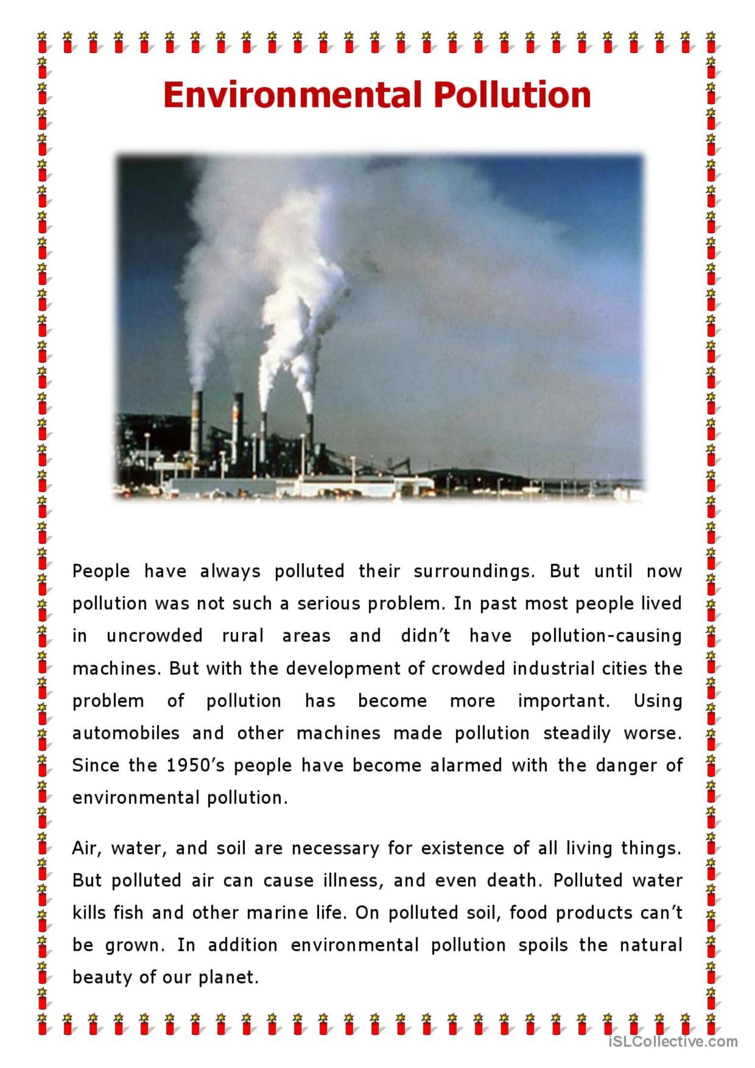 Environmental Pollution Reading For English ESL Worksheets Pdf Doc