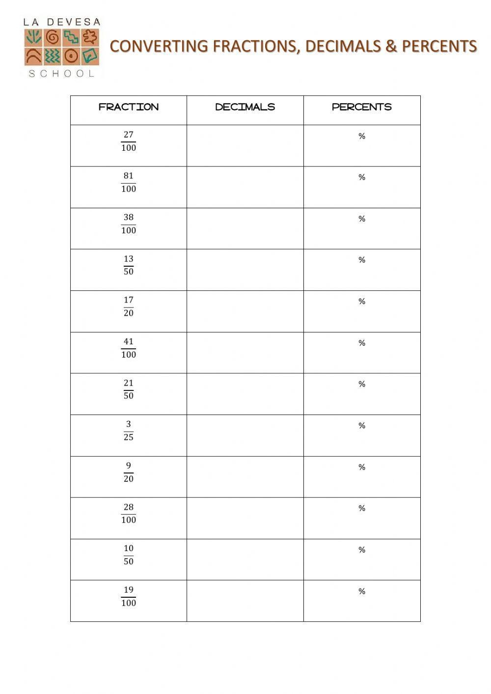 Equivalent Fractions Decimals And Percentages Worksheet Live 