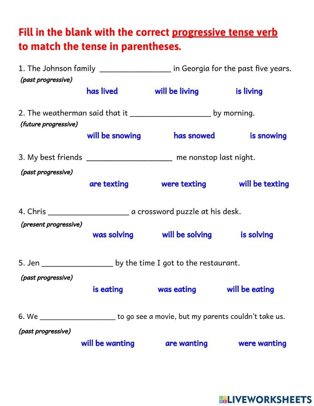 Express Ongoing Actions Progressive Verb Tense Worksheet ELA 