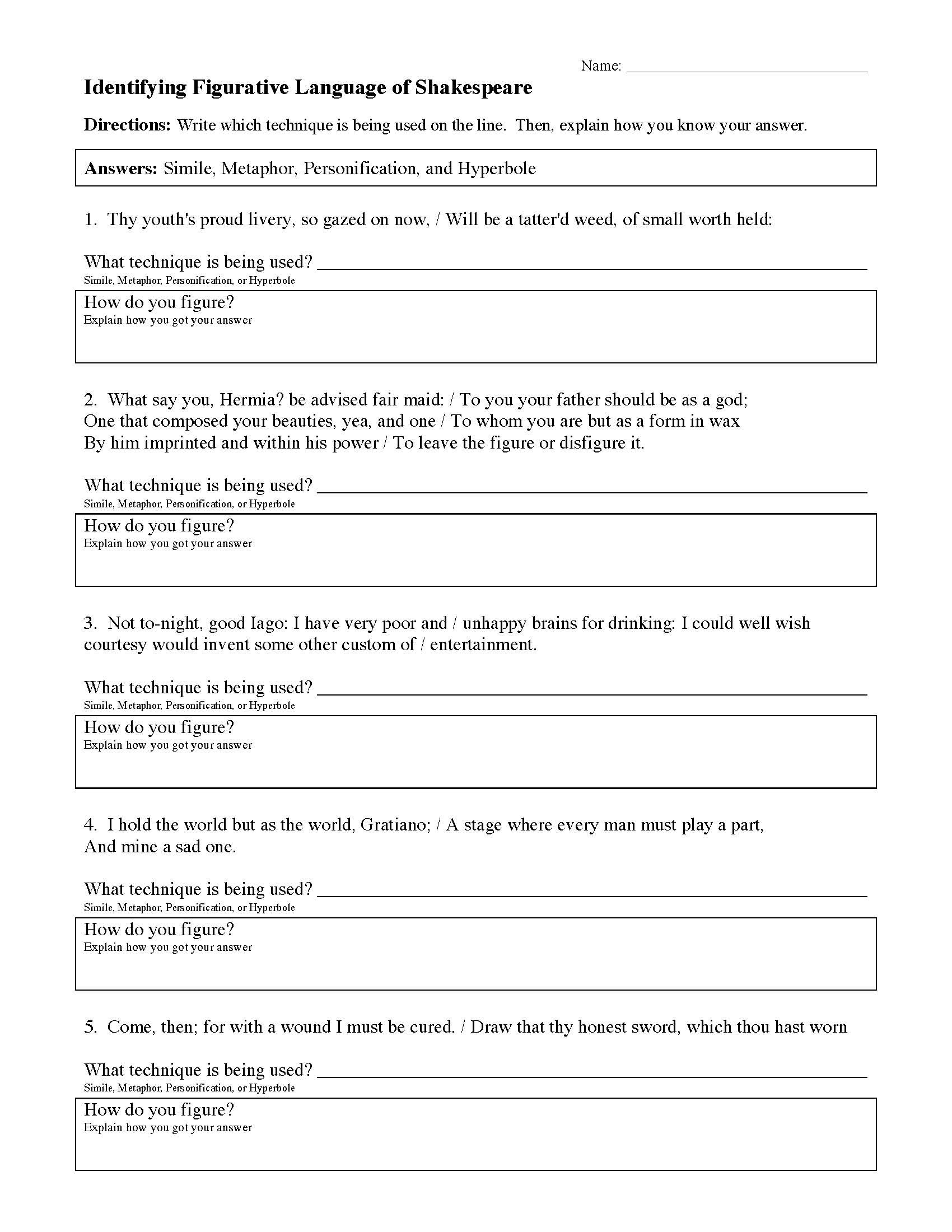 Figurative Language Worksheets 2 Language Worksheets