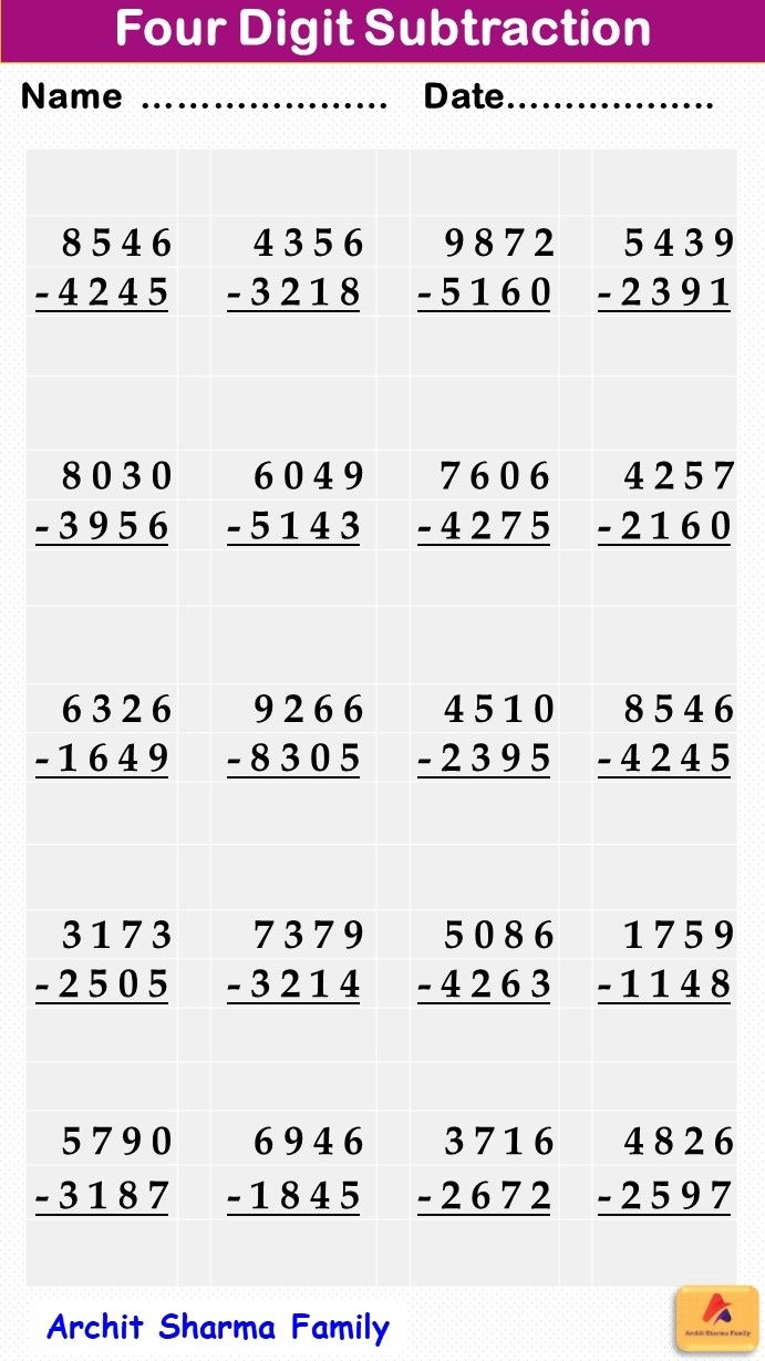 Four Digit Subtraction In 2024 Math Fact Worksheets Easy Math