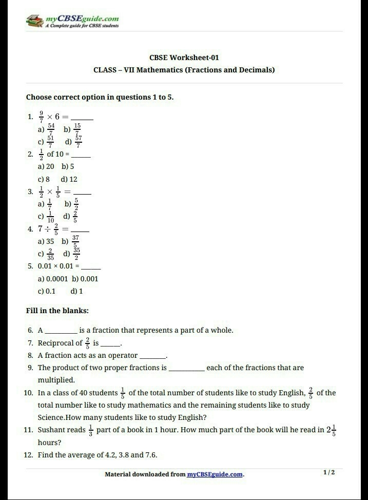Fraction And Decimals Class 7 Worksheet FractionsWorksheets
