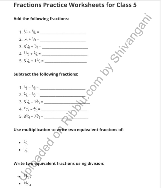 Fractions Worksheets For CBSE Class 5 PDF