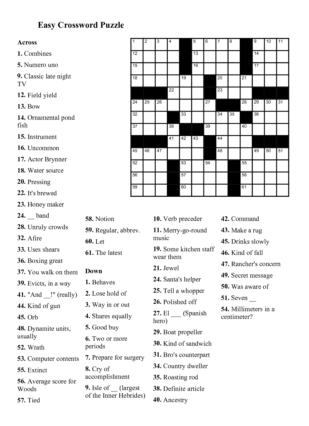 Free Easy Printable Crossword Puzzles For Kids Printable Crossword 