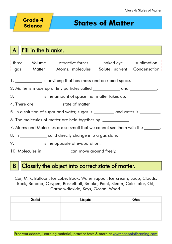 Free Interactive States Of Matter Worksheet For Class 4 PDF