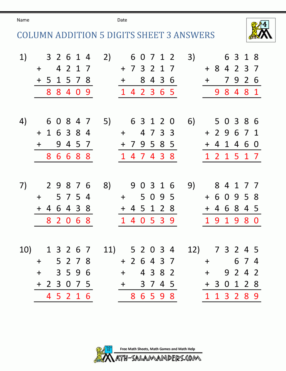 Free Math Addition Worksheets 4th Grade