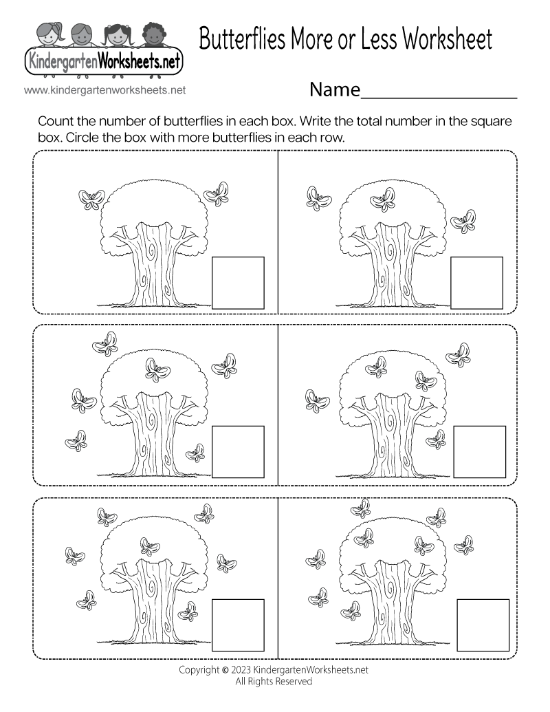 Free Printable Butterflies More Or Less Worksheet