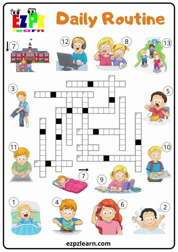 Free Printable English Crosswords Game Topic Daily Routine Worksheets