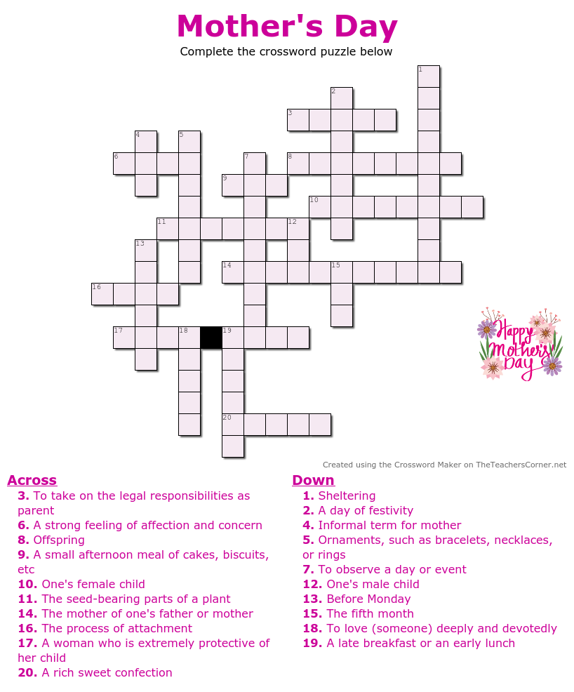 Free Printable Mother 39 s Day Crossword Puzzle