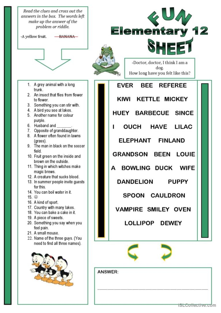 Fun Sheet Elementary 12 English ESL Worksheets Pdf Doc