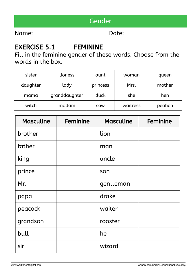 Gender Feminine Worksheet Digital 1 Teacher Made Resources