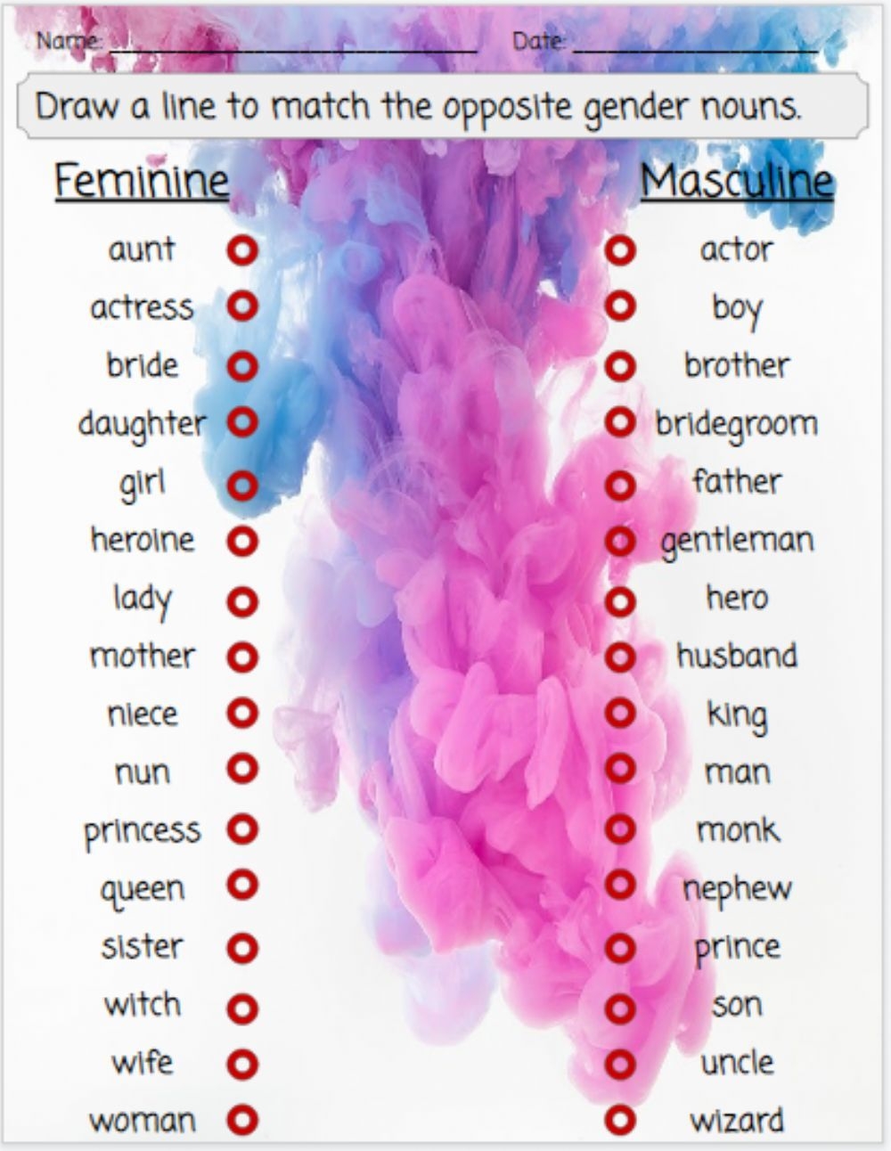 Gender Nouns Match Worksheet English Grammar Worksheets 2nd Grade 