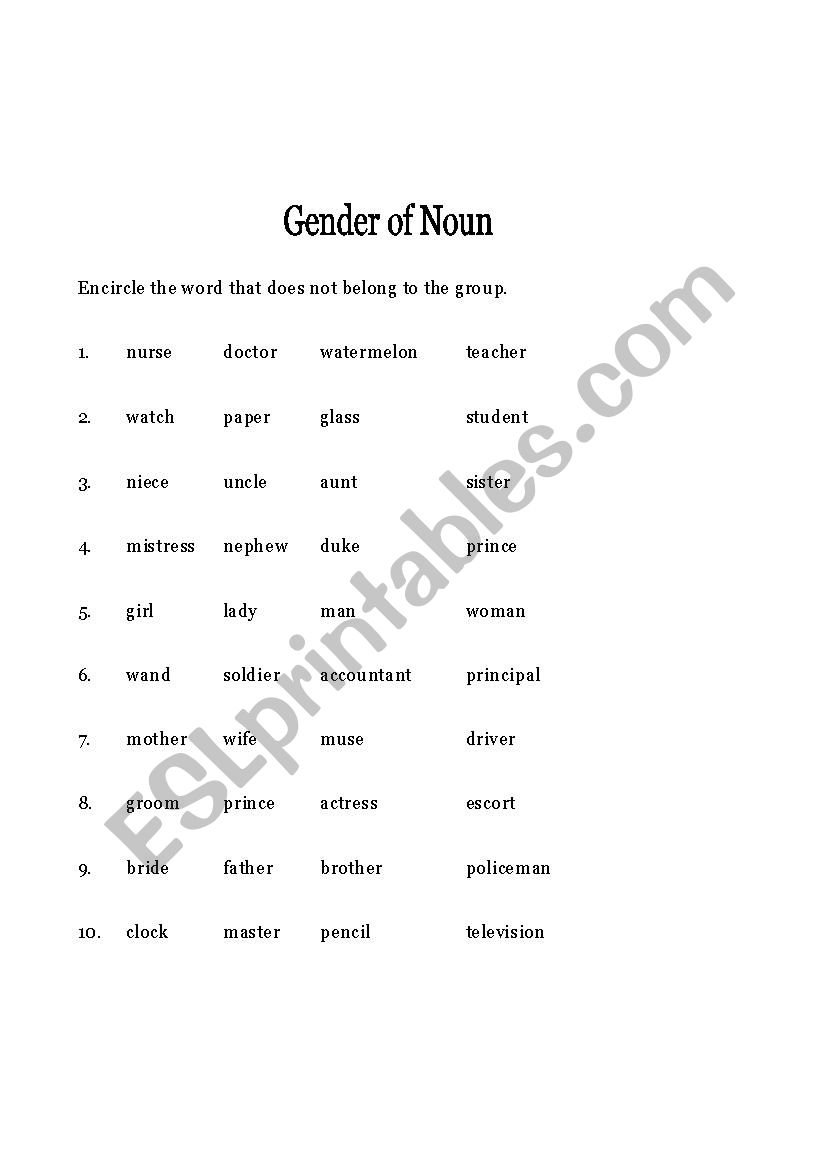 Gender Of Nouns Worksheet Grade 1