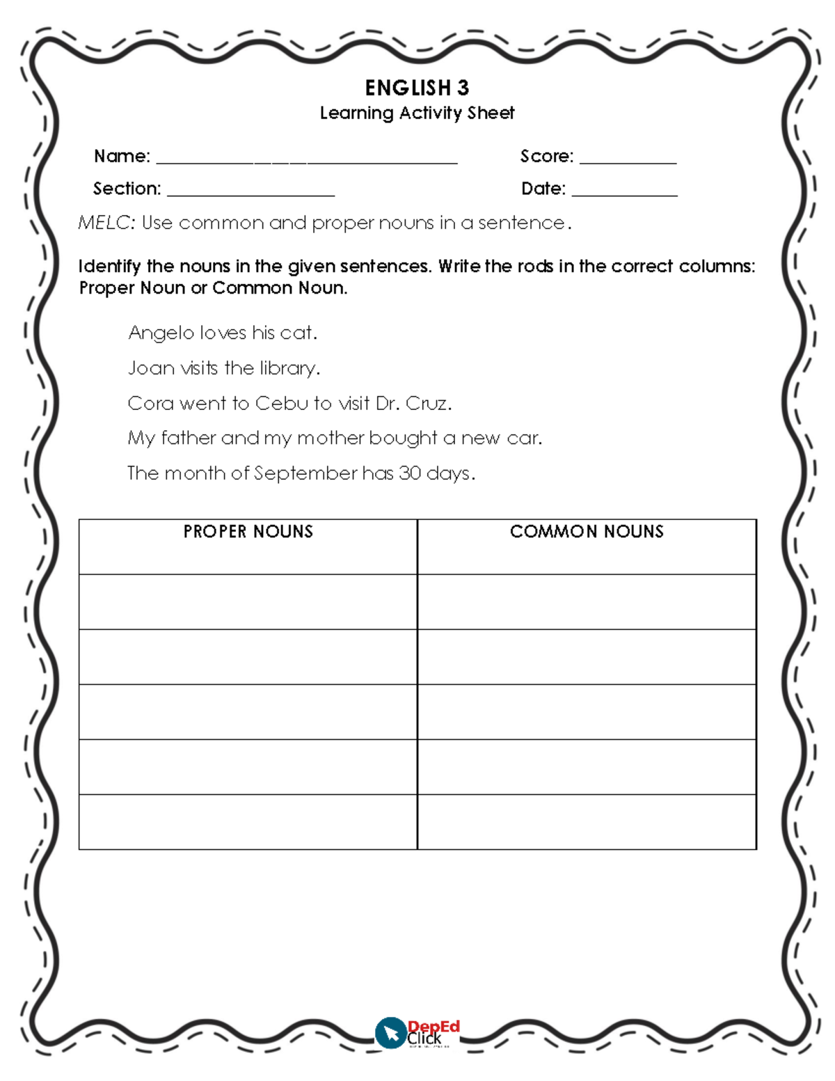 Grade 3 English Activity Sheets Q1 ENGLISH 3 Learning Activity Sheet 