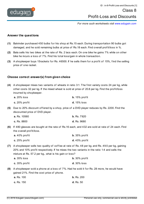 Grade 8 Profit Loss And Discounts Math Practice Questions Tests 