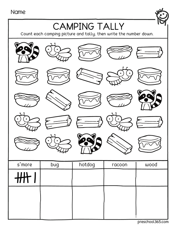 Kindergarten camping tally activity sheets Preschool365 Worksheets
