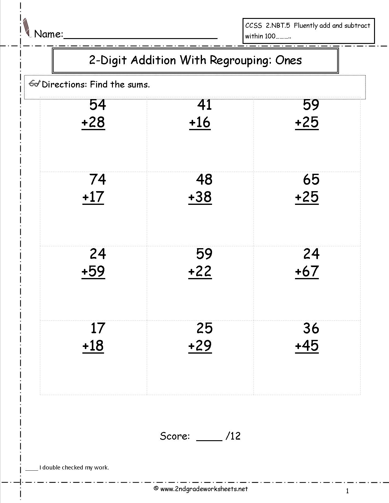 Large Print 2 Digit Plus 2 Digit Addition With No Regrouping A 