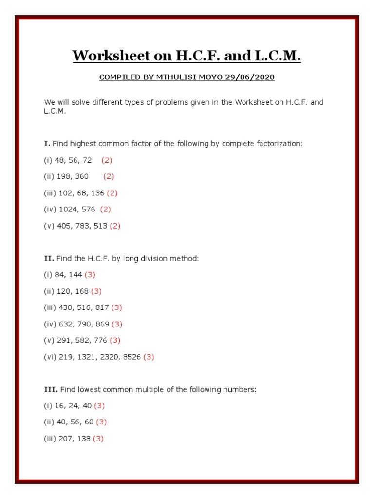 LCM And HCF Exercise PDF PDF Worksheets Library