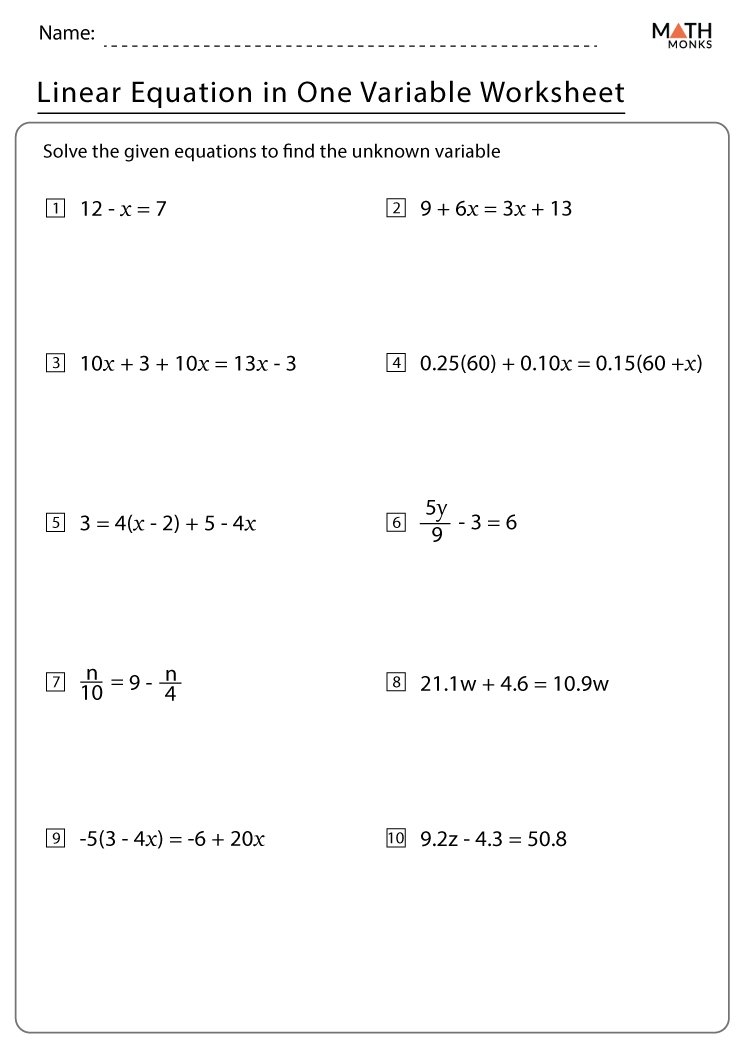 Linear Equations In One Variable Class 8 Worksheets Worksheets Day
