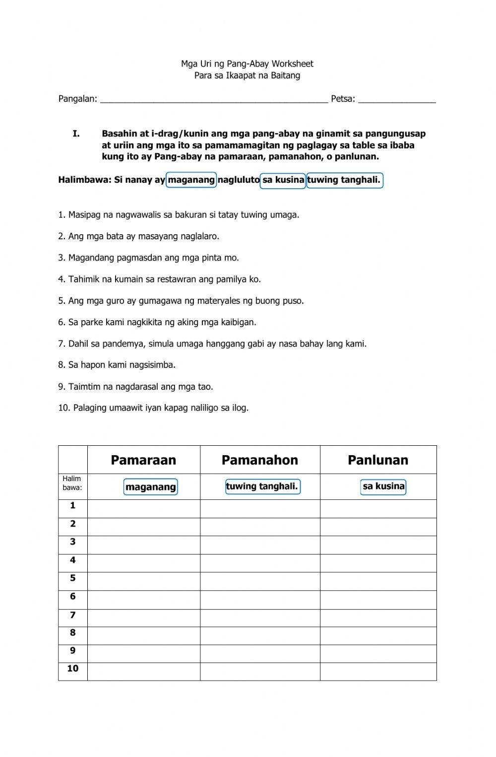 Mga Uri Ng Pang Abay Worksheet Artofit