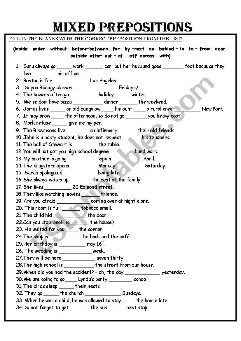 MIXED PREPOSITIONS WORKSHEET ESL Worksheet By Alfred78 Worksheets 
