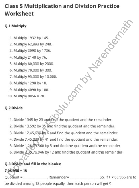 Multiplication And Division Class 5 Maths Worksheets