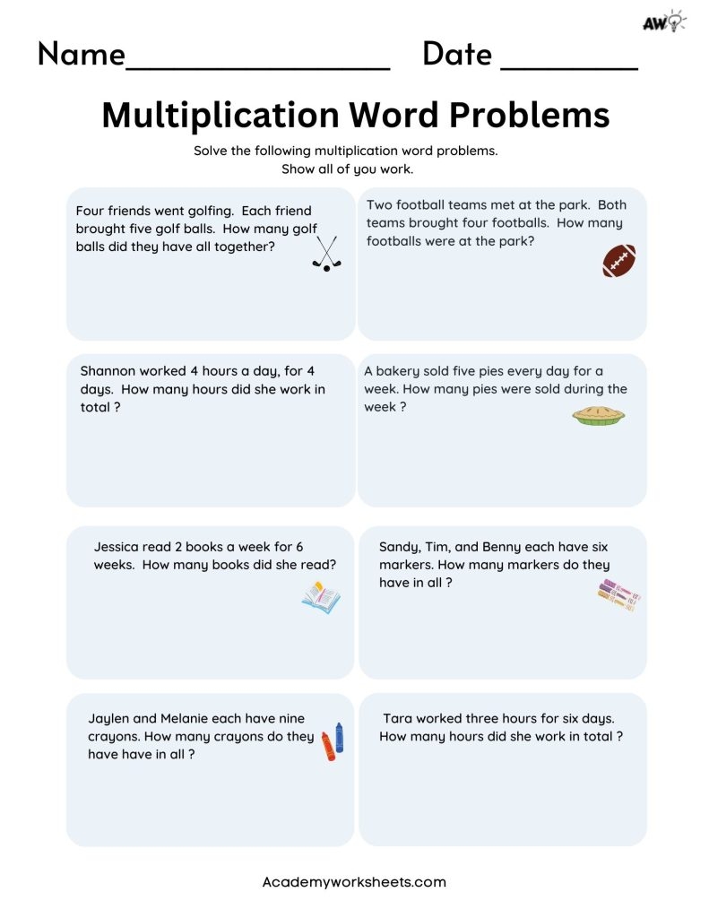 Multiplication Word Problems PDF Single Digit Academy Worksheets