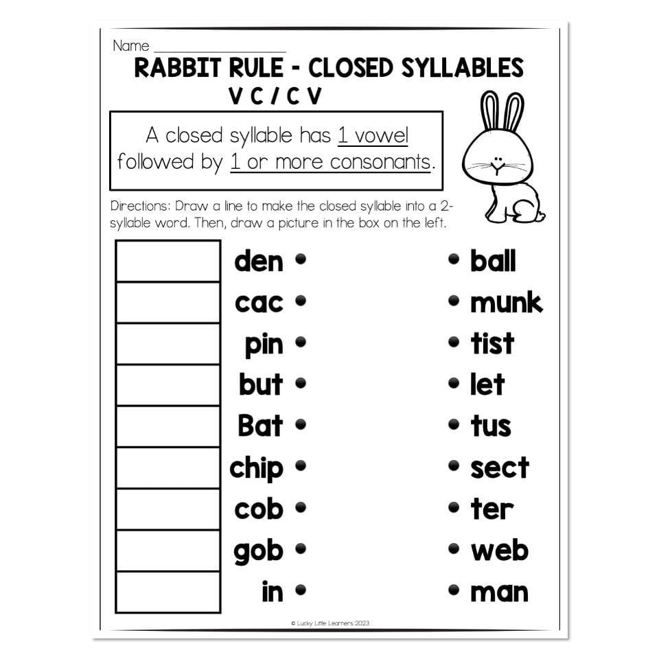 Multisyllable Words Book Rabbit Rule Closed Syllable