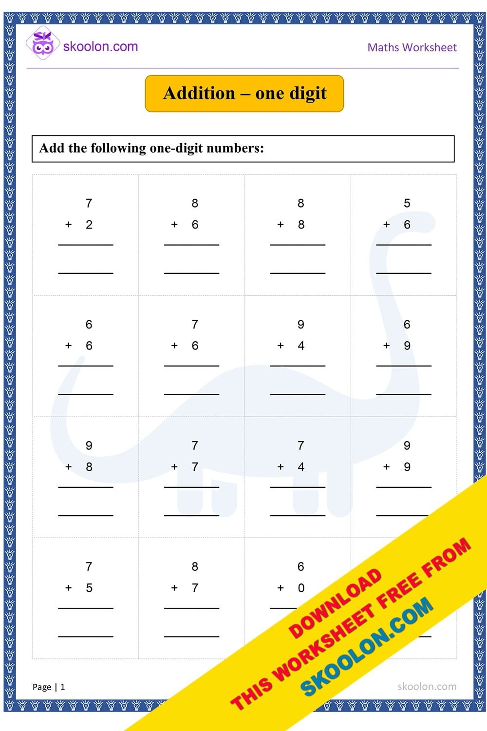 One Digit Addition Skoolon