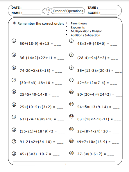 Order Of Operations Activity Order Of Operations Worksheet 