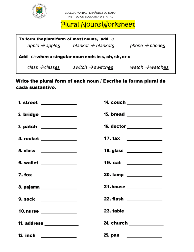 Plural Nouns Worksheet For Elementary School