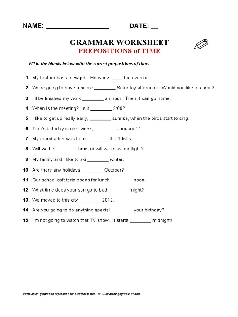 Preposition Of Time Worksheet Beginner Intermediate Worksheets Library