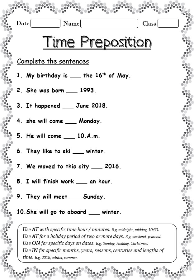 Preposition Of Time Worksheet For Class 4