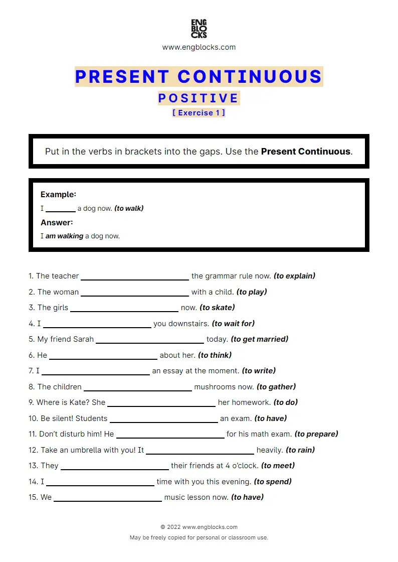 Present Continuous Exercise 1 ESL Worksheets