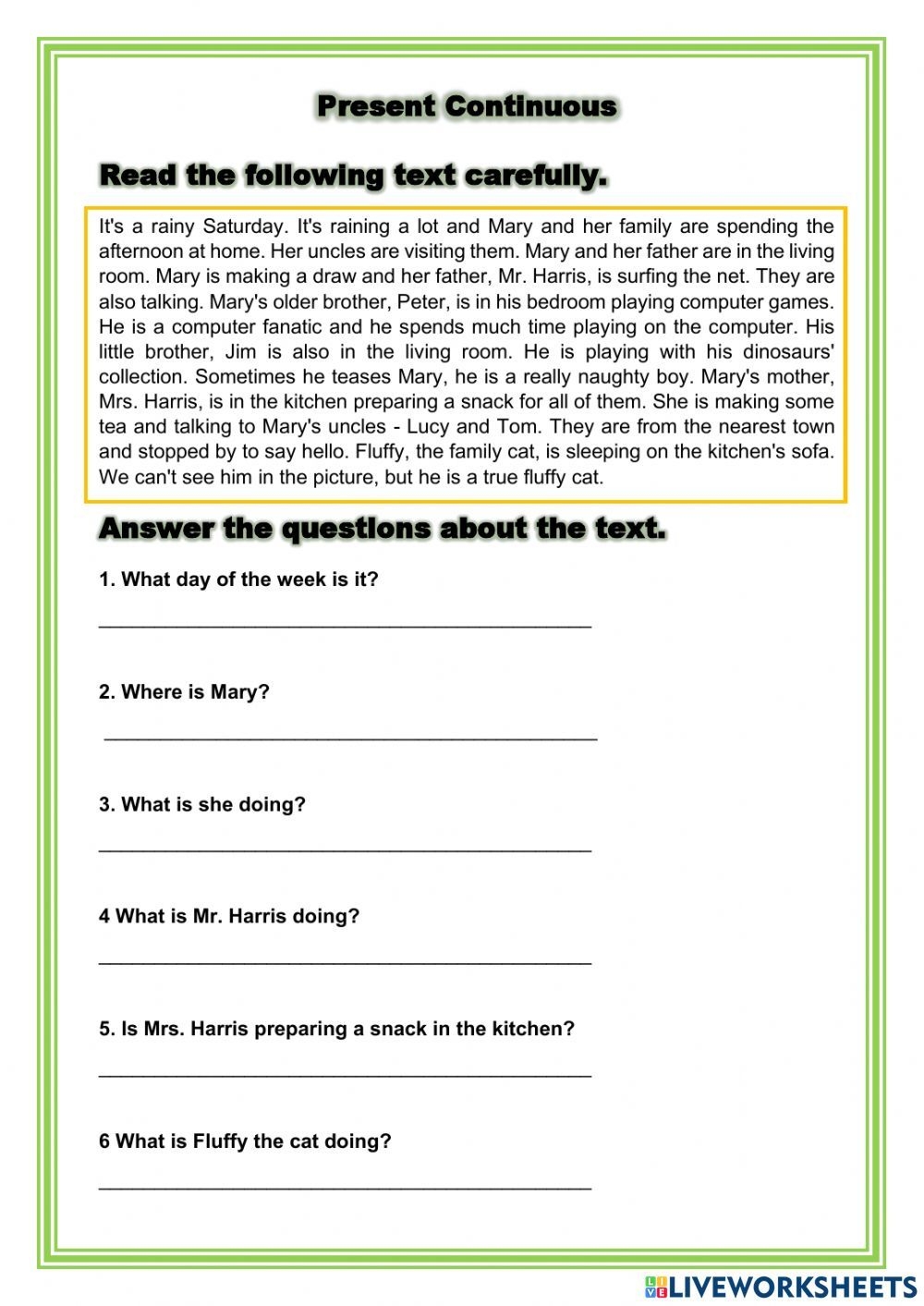 Present Continuous Reading Comprehension Worksheet Reading 